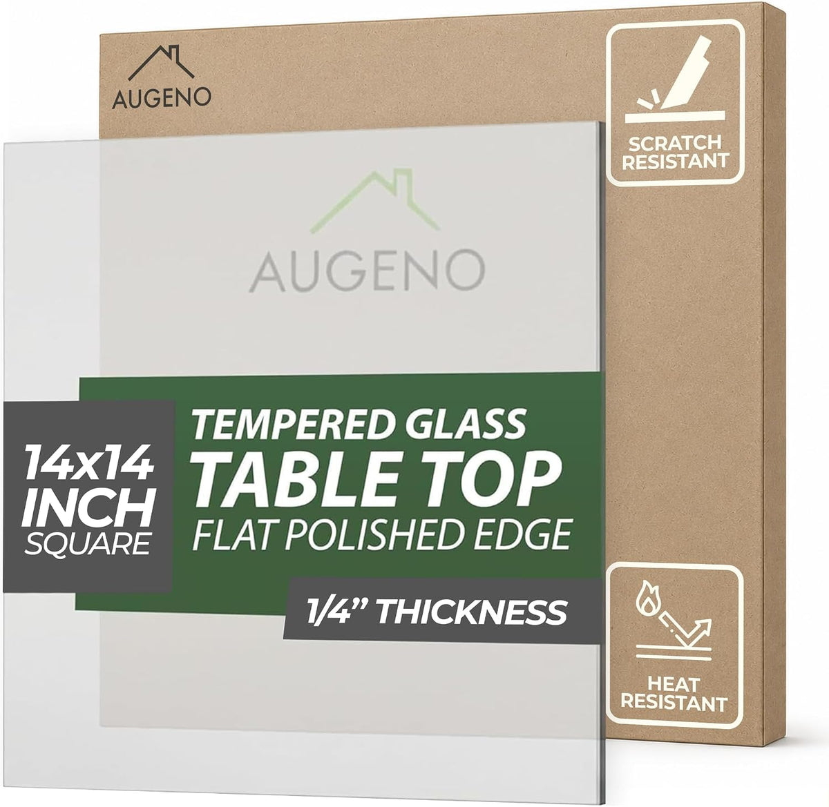 14 inch Square 1/4" Thick Flat Polished Edge Clear Glass Table Top with 6 Bumpers - Tempered, Scratch Resistant & Safety Replacement Glass for Dining, Coffee, Patio & End Tables