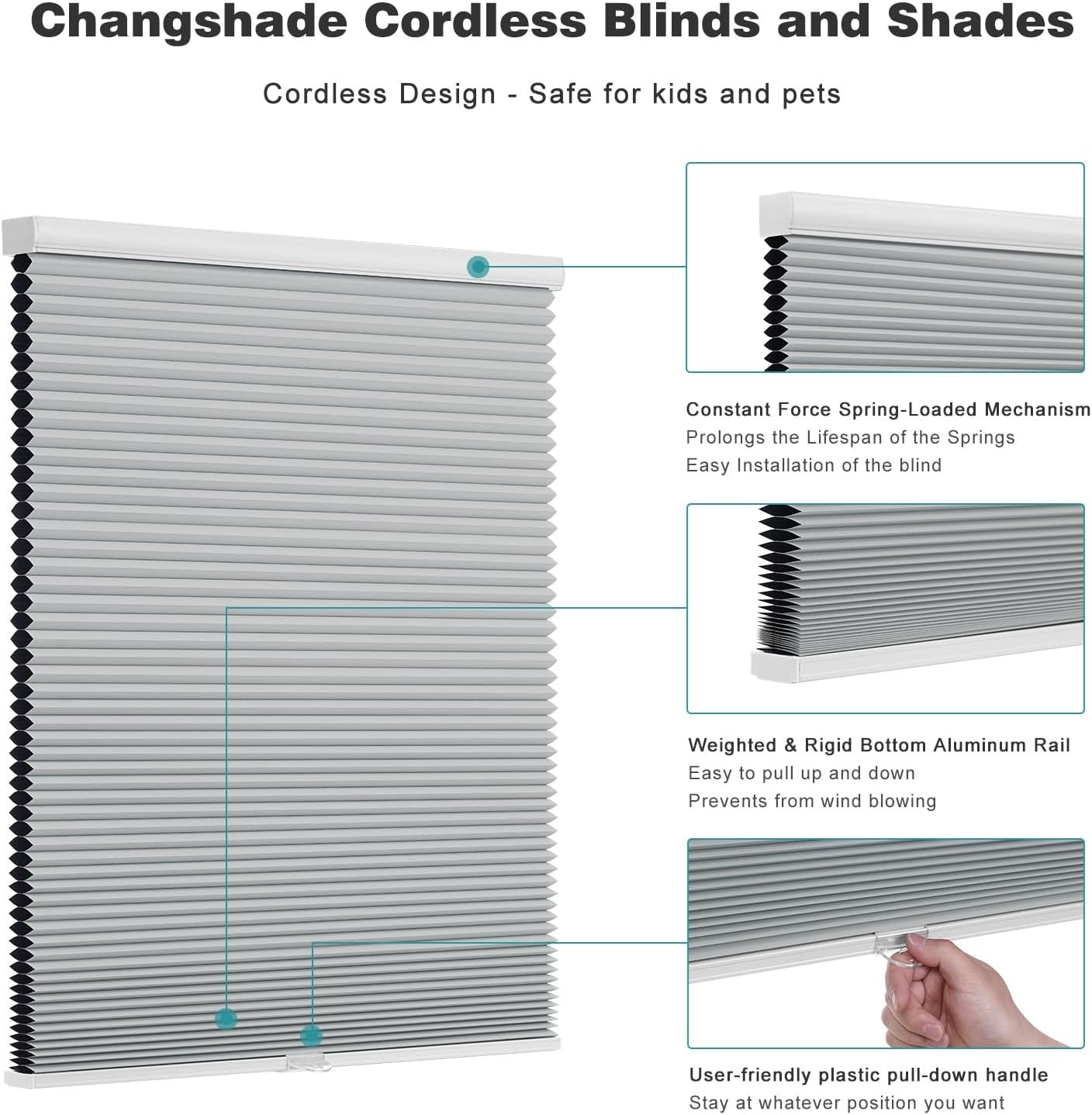 Changshade Cordless Cellular Shades,Blackout Honeycomb Shades for Windows,Pull Down Pleated Blinds,Easy to Install for Indoor Windows and French Doors,Grey(Blackout),16" w x 36" h