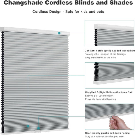 Changshade Cordless Cellular Shades,Blackout Honeycomb Shades for Windows,Pull Down Pleated Blinds,Easy to Install for Indoor Windows and French Doors,Grey(Blackout),16" w x 36" h