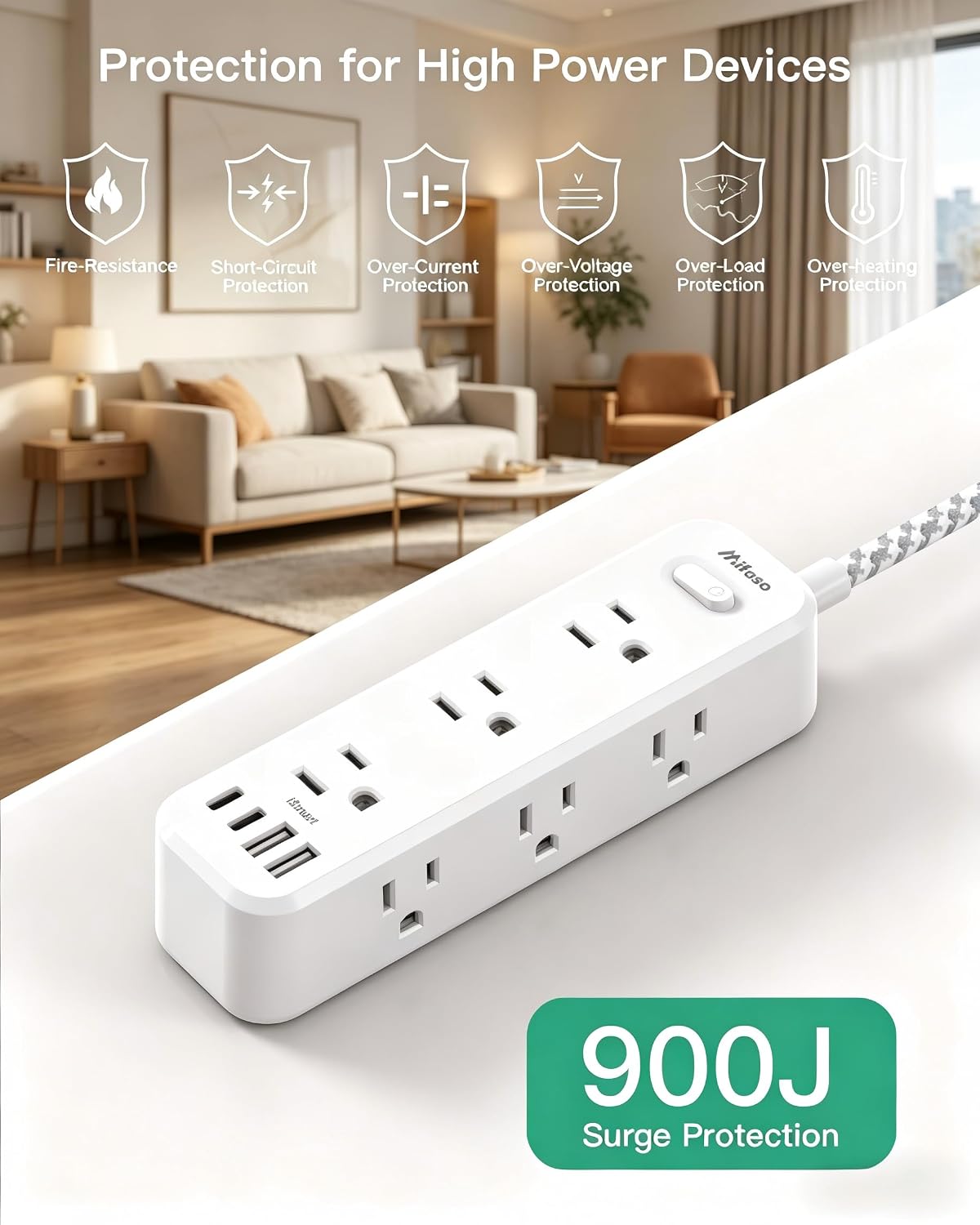 10FT Power Strip, 13-in-1 Long Extension Cord with Multiple Outlets with 9 Wide Spaced Outlets and 4 USB Ports, Flat Plug Wall Mount Charging Station for College Dorm Room Essentials, Office, White