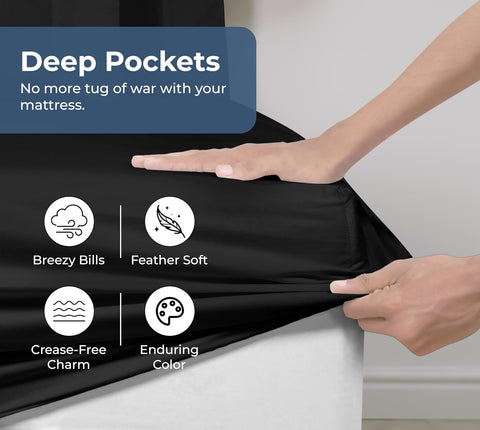 Royale Linens 100% Organic Cotton Fitted Sheet - Percale Weave - Super Soft Deep Pocket Bottom Sheets - Black Elastic Sheet Twin Size - Twin Fitted Sheets Only - (39"x75"+15", Black)