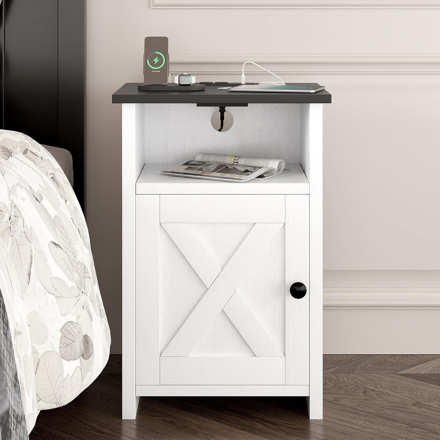Farmhouse End Table Set of 2 w/Charging Station, Nightstands w/Barn Door&Storage Shelf, Rustic Bedside Table for Living Room, Bedroom, Entryway, Office, Small Spaces, White