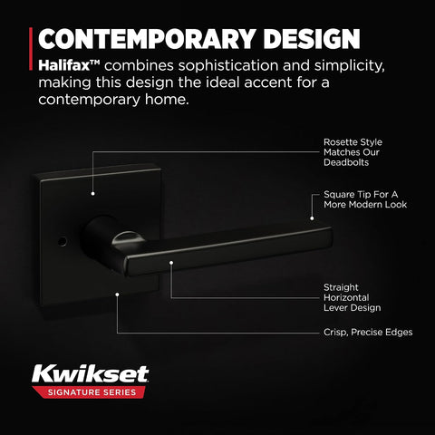Kwikset Halifax Interior Privacy Door Handle with Lock, Door Lever For Bathroom and Bedroom, Matte Black Reversible Keyless Push Button Lock Door Lever, with Microban Protection, Square Rose