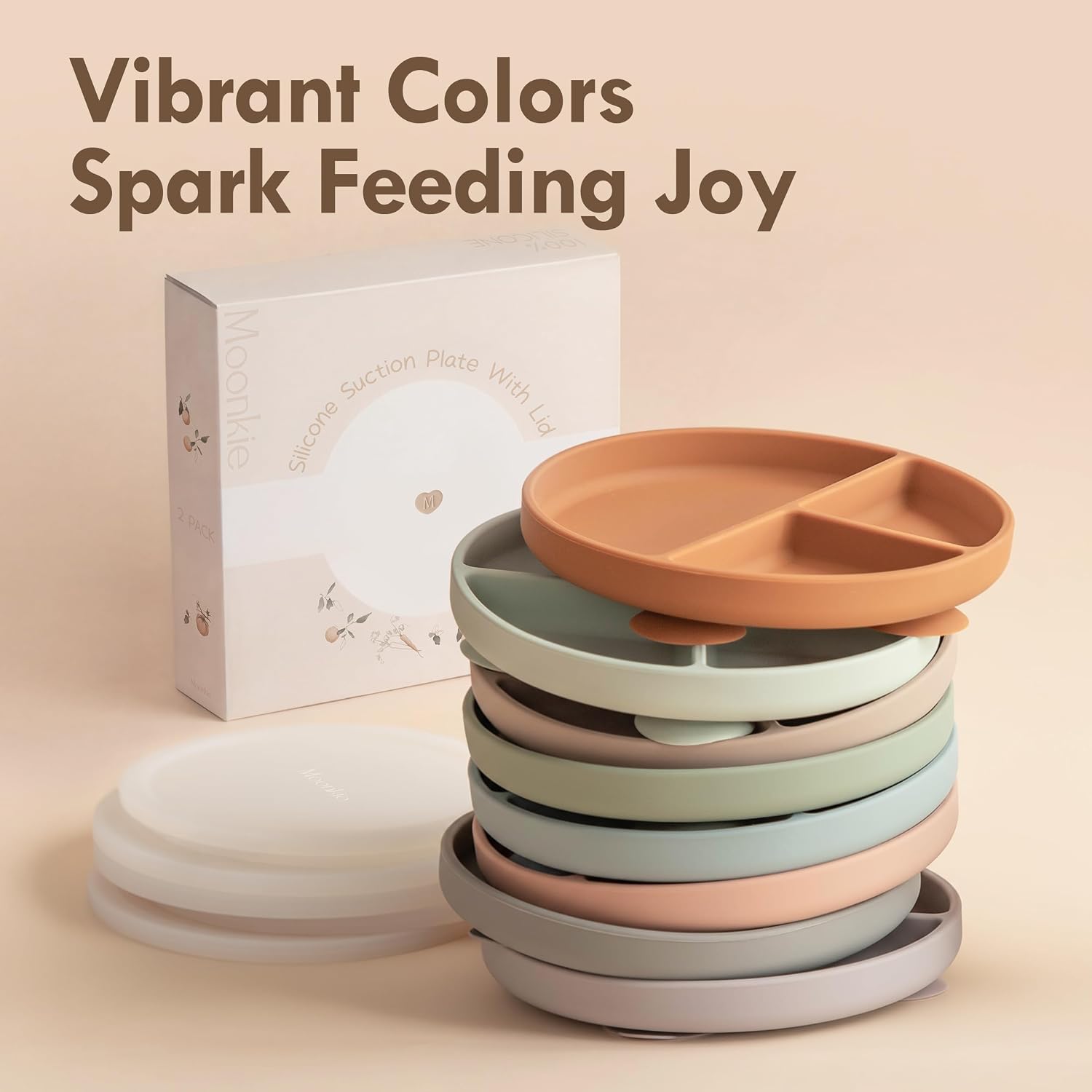Moonkie Suction Plates for Baby | 100% Silicone BPA-Free Baby Plates with Lids and Food Cover | Divided Design | Microwave and Dishwasher Safe | Toddler Plates 2 Pack
