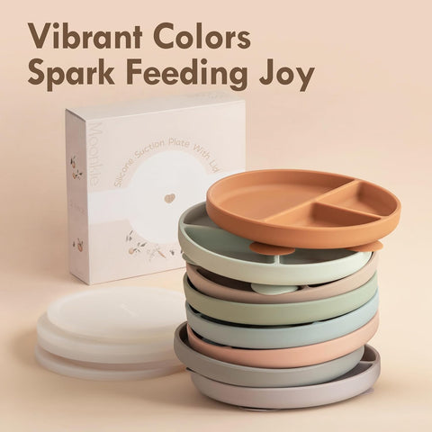 Moonkie Suction Plates for Baby | 100% Silicone BPA-Free Baby Plates with Lids and Food Cover | Divided Design | Microwave and Dishwasher Safe | Toddler Plates 2 Pack