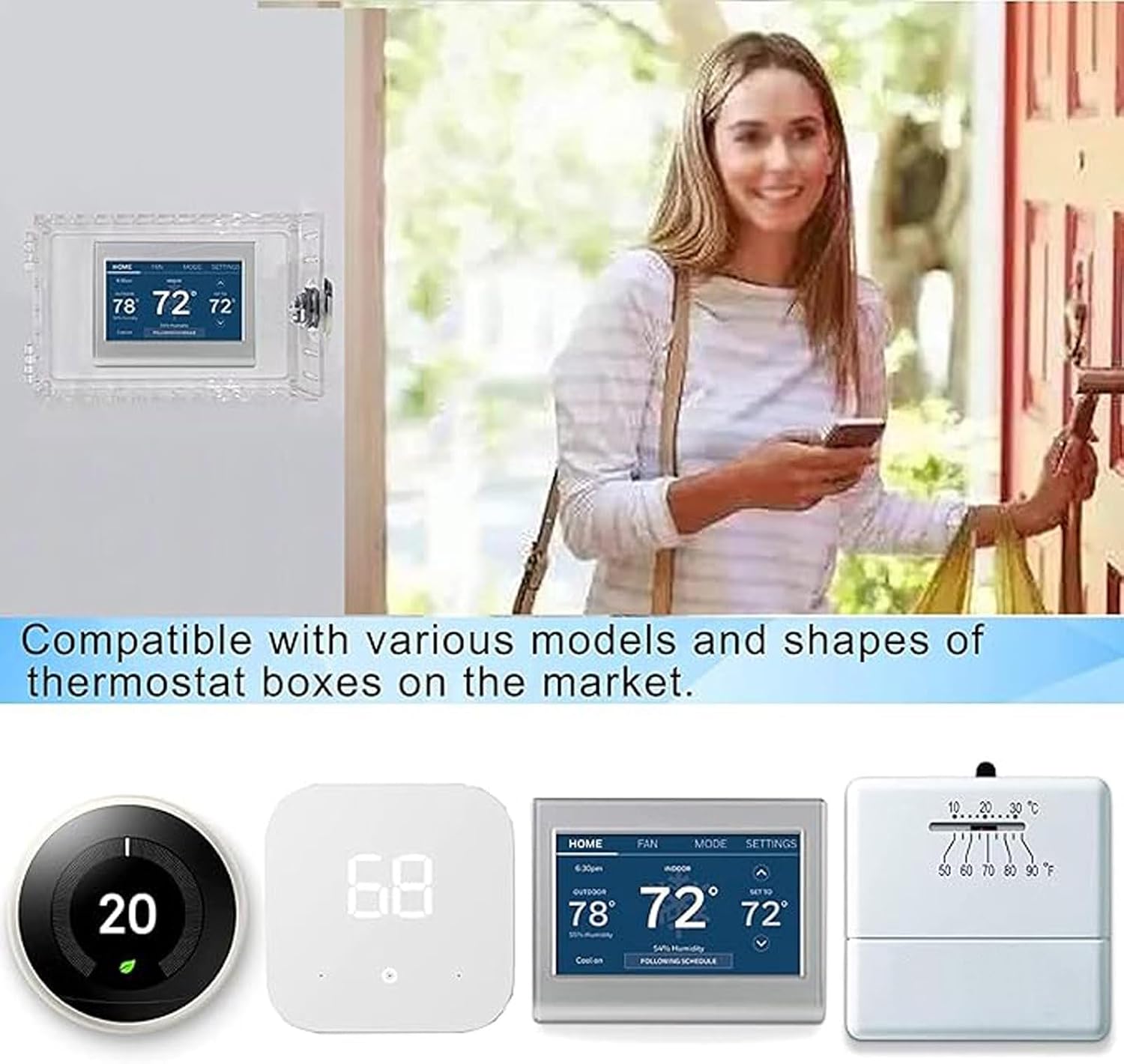 Universal Thermostat Lock Box with Key,Clear Large Thermostat Cover for Thermostat on Wall,Thermostat Guard Fits Thermostats 6.3 x 4.4 x 2 inches or Smaller