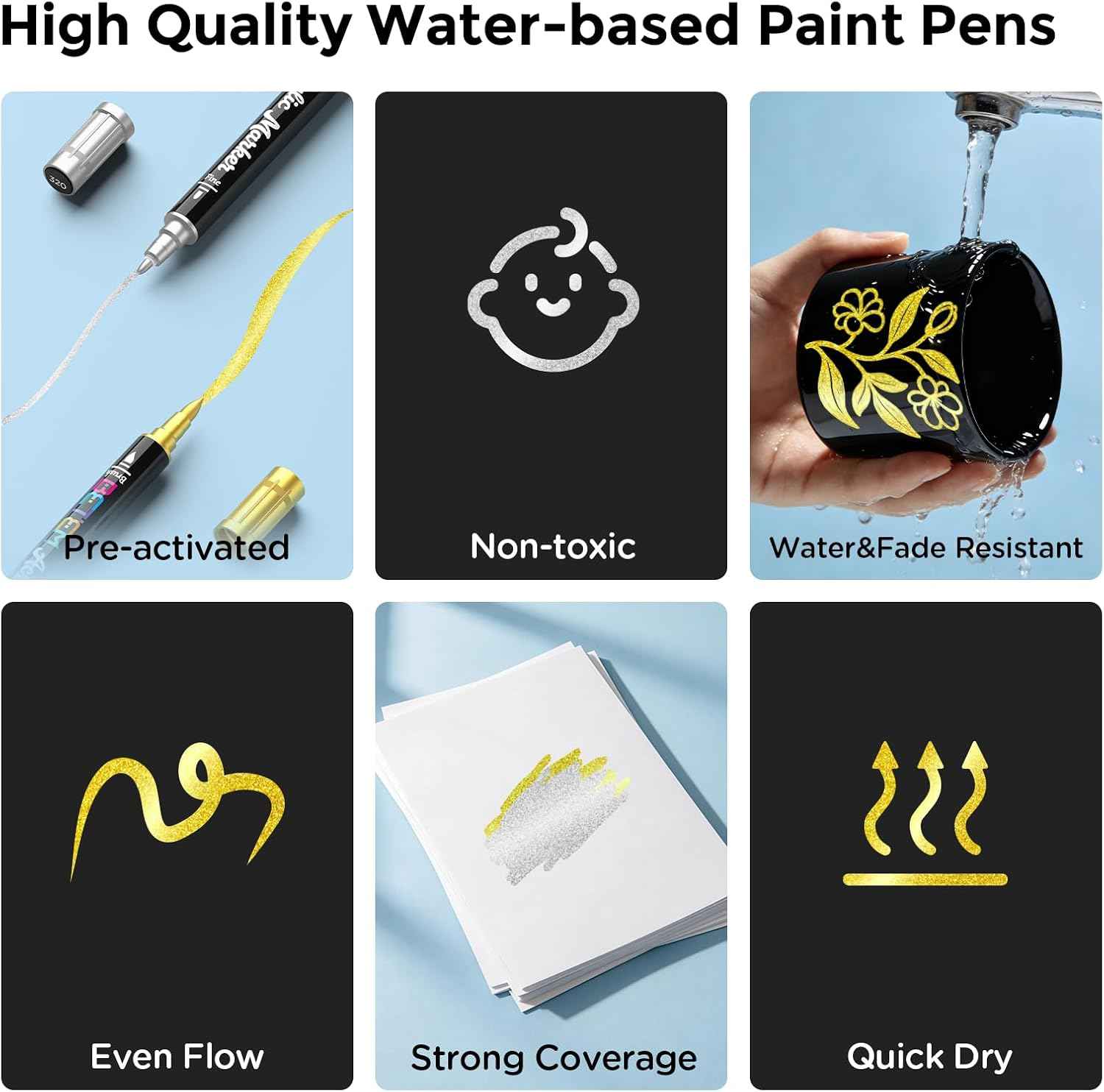 Betem 2 Gold & Silver Paint Markers for Glass, Dual Tip Acrylic Paint Pens