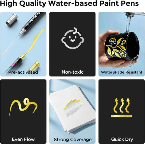 Betem 2 Gold & Silver Paint Markers for Glass, Dual Tip Acrylic Paint Pens