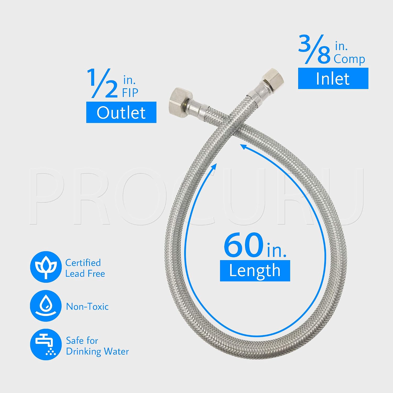 [2-Pack] PROCURU 60" (5Ft) x 3/8" Comp x 1/2" FIP Faucet Hose Connector, Stainless Steel Braided Supply Line, Certified Safe (9SF60-2P)