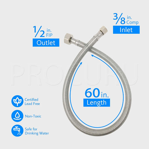 [2-Pack] PROCURU 60" (5Ft) x 3/8" Comp x 1/2" FIP Faucet Hose Connector, Stainless Steel Braided Supply Line, Certified Safe (9SF60-2P)