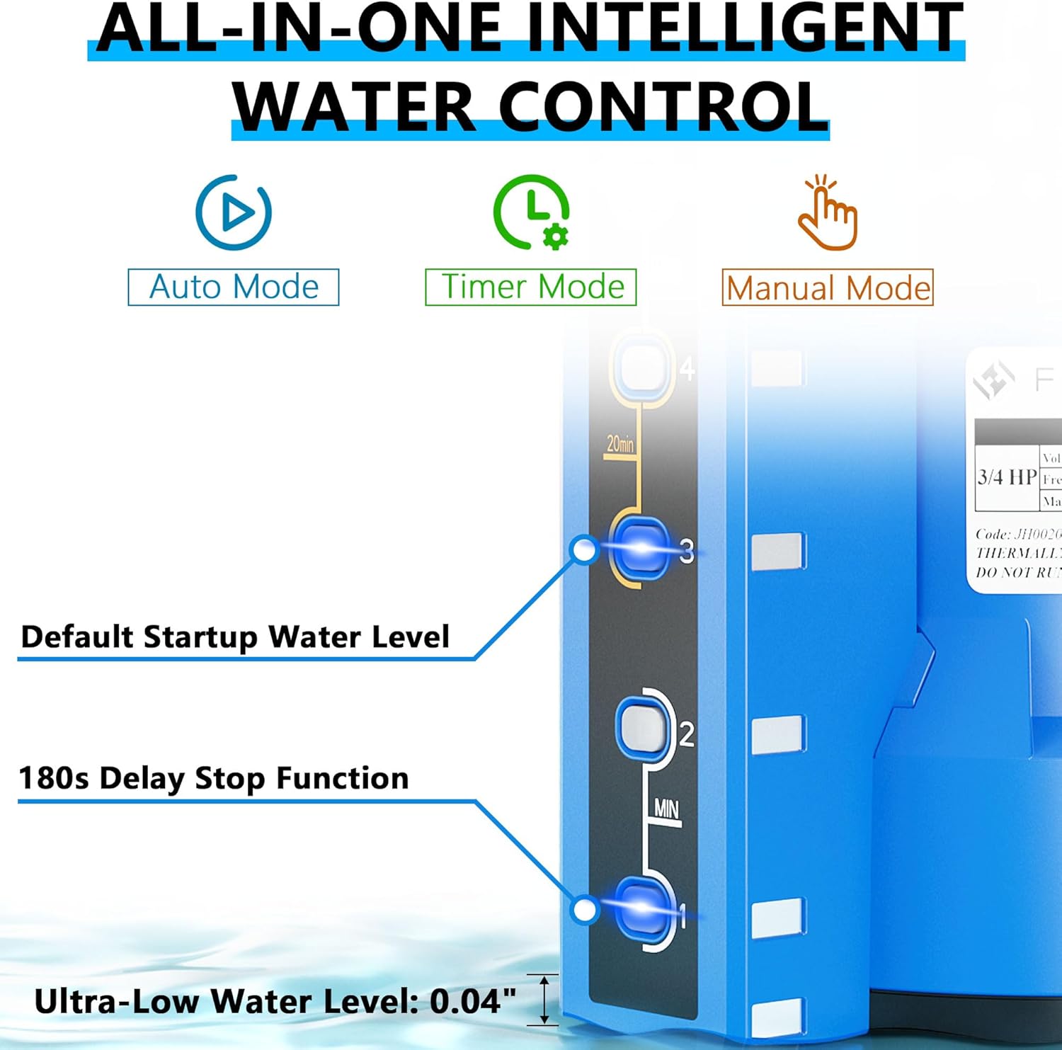 FOTING Sump Pump 3/4HP Automatic Submersible Water Pump, 2400GPH Thermoplastic Electric Portable Transfer Water Pump for Swimming Pool Garden Pond Basement with 16ft Cord, Drain Down to 0.04inch,Blue