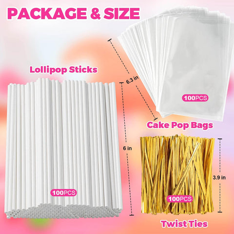 300Pcs Cake Pop Sticks and Wrappers, 6IN Cake Pop Sticks with Ties for Lollipops, Chocolates Cookies, Candies