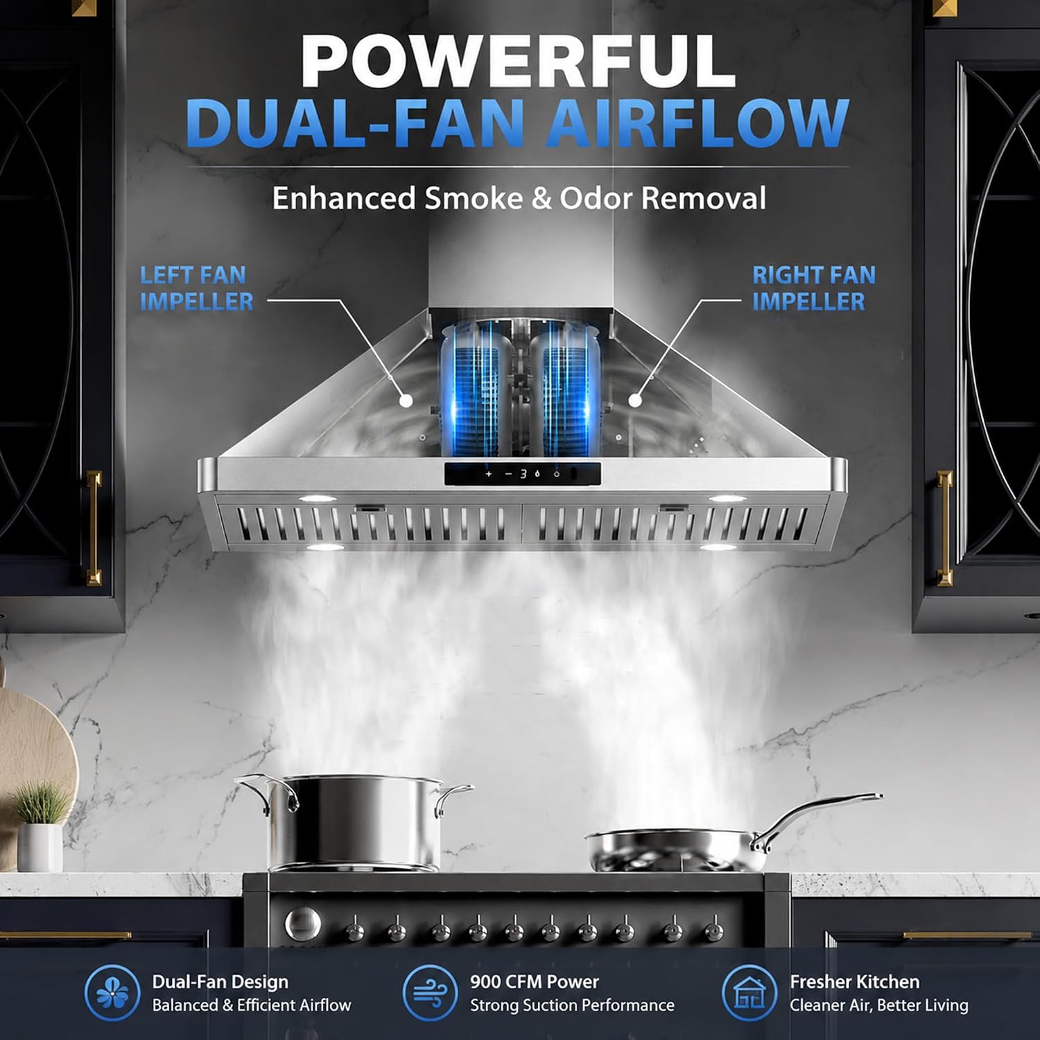 30inch Wall Mount Range Hood, 900CFM Stainless Steel Kitchen Hood