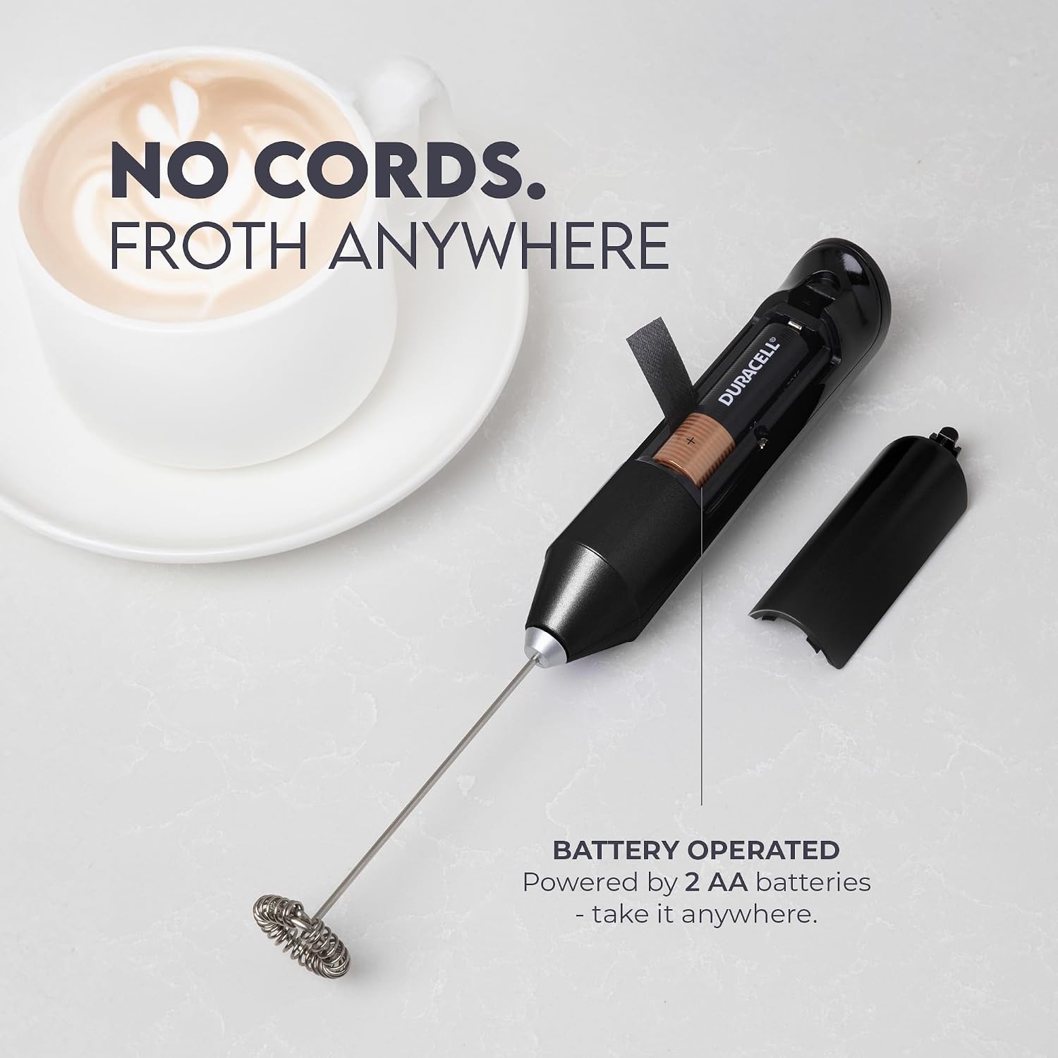 Zulay Kitchen Powerful Milk Frother Wand - Handheld Stainless Steel - Battery Operated Drink Mixer for Coffee, Lattes, Cappuccino, Matcha - Froth Mate Frother Gift - Absolute Black