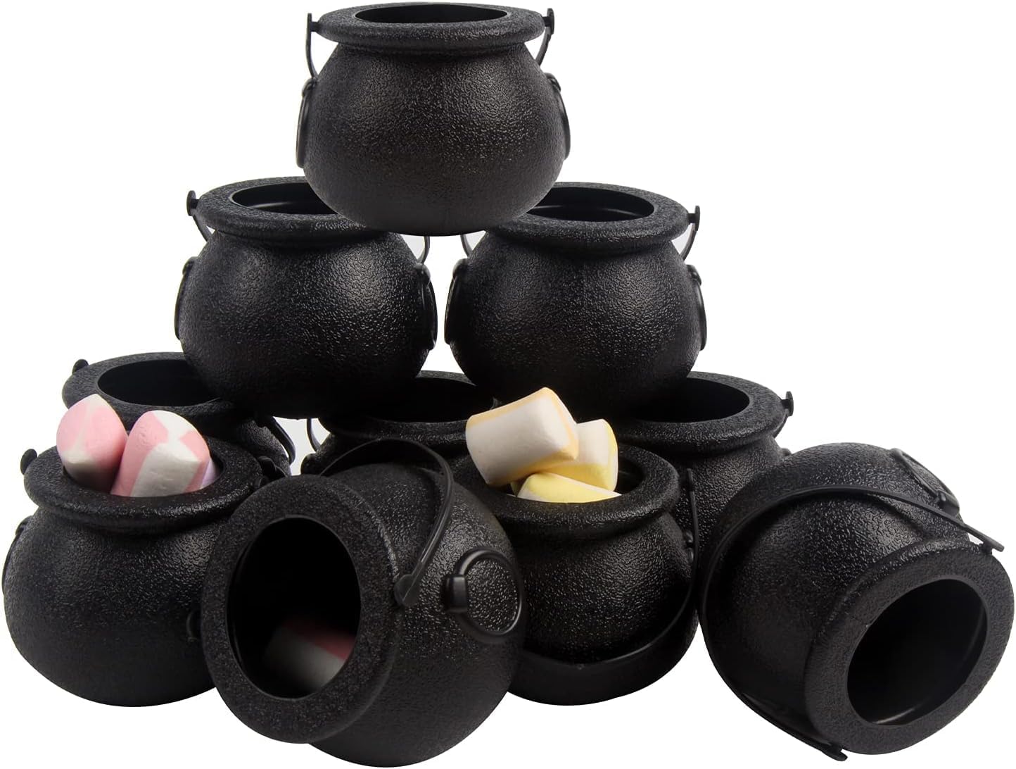 DIYASY 24 Pcs Mini Plastic Cauldron, Witch Calderon Pot Black Buckets with Handle Halloween Candy St. Patrick's Coins Holder & Party Favors