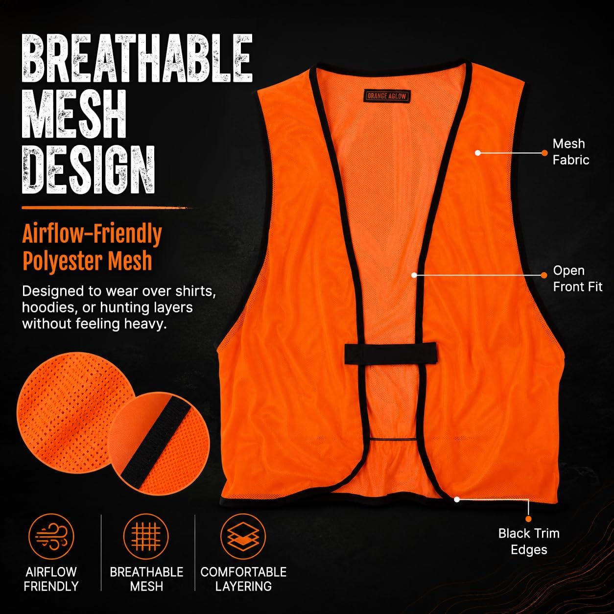 Orange Aglow Lightweight Mesh Blaze Orange Hunting Safety Vest - Ultralightweight & Breathable, Visible Day & Night