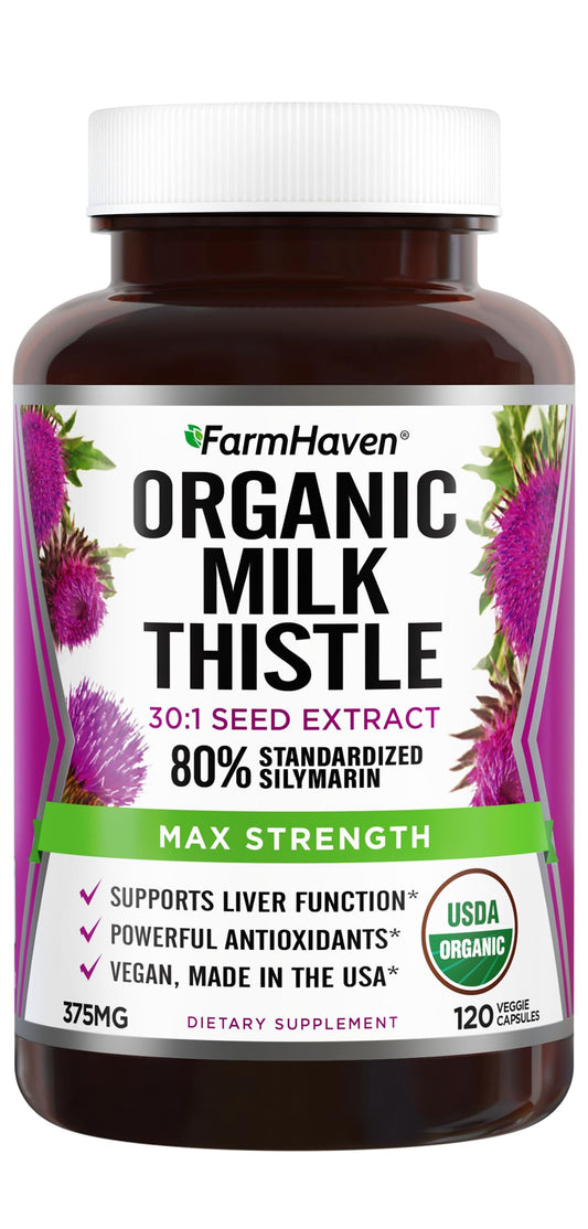 FarmHaven USDA Organic Milk Thistle Capsules |30X Concentrated Seed Extract & 80% Silymarin Standardized - Supports Liver Function and Overall Health | Non-GMO | 120 Veggie Capsules