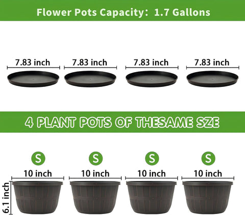 Quarut 4 Pack 10 inch Flower Pots,Plastic Plants Pots Outdoor