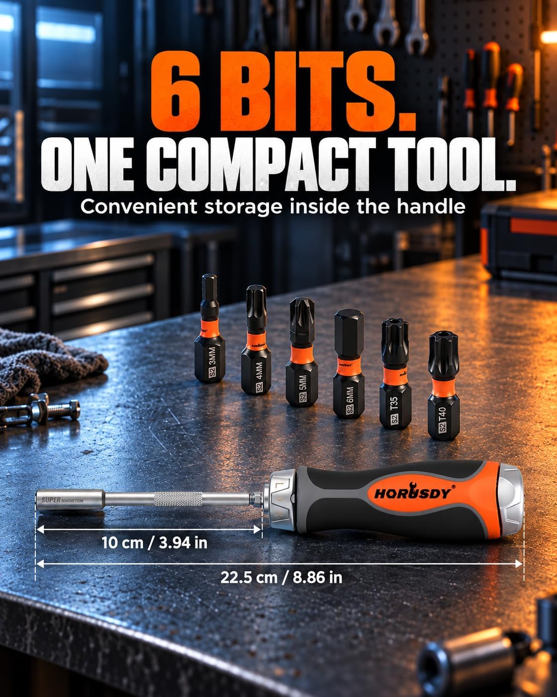 HORUSDY 6-in-1 Ratcheting Screwdriver Set, Magnetic Multi-Bit Screwdriver with Built-in Premium S2 Bits & 126mm Extension Bar, Dad Mens Gifts for Christmas, All-in-One Tool for Home Repair, DIY