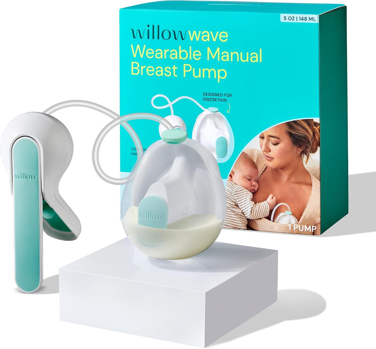 Willow Wave - Wearable Manual Breast Pump - Fits Fully in Bra - Ergonomic Handle - 24mm Soft Silicone Flange - Wearable Breastfeeding Pump - Hospital Grade Suction - Postpartum Essentials - Holds 5oz