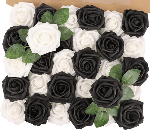30PCS Black and White Artificial Roses with Stems, Real Touch Foam Flowers