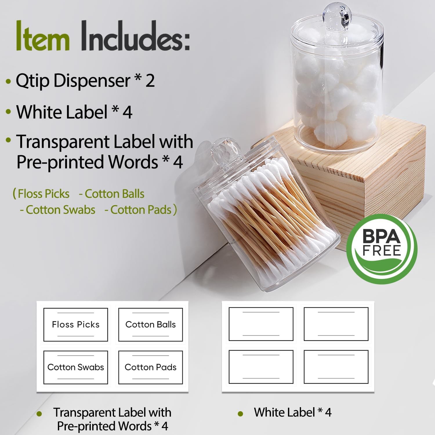 2 Pack Acrylic Qtip Holder Dispenser for Cotton Swabs, Balls, Floss Picks