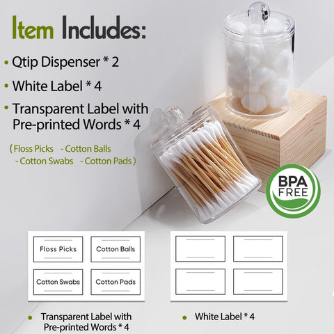 2 Pack Acrylic Qtip Holder Dispenser for Cotton Swabs, Balls, Floss Picks