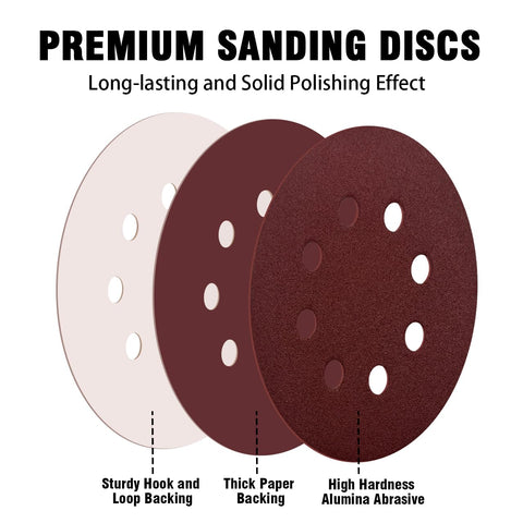 52 Pack 5 Inch 8-Hole Hook and Loop Sanding Discs Sandpaper Red Round 80 Grit Sandpaper for Random Orbital Sander
