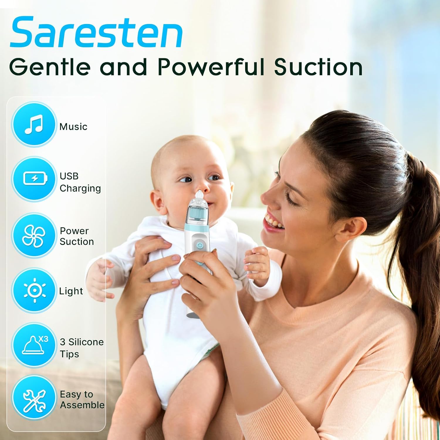 Baby Nasal Aspirator, Rechargeable Nose Sucker with 3 Silicone Tips, Adjustable Suction, Waterproof, Blue