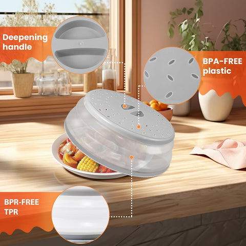 Large Collapsible Microwave Cover for Food, 12.2inch Microwave Splatter Cover, Microwave Plate&Dish Cover with Easy Grip Handle, BPA-free, Dishwasher Safe (Light Grey)