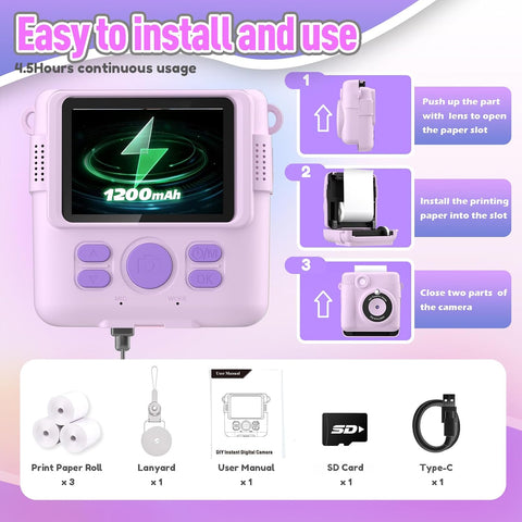 ESOXOFFORE Instant Print Camera for Kids, Christmas Birthday Gifts for Girls Boys Age 3-12,Kids Digital Cameras for Toddler, Portable Toy for 3 4 5 6 7 8 9 10 Year Old Girl -Purple