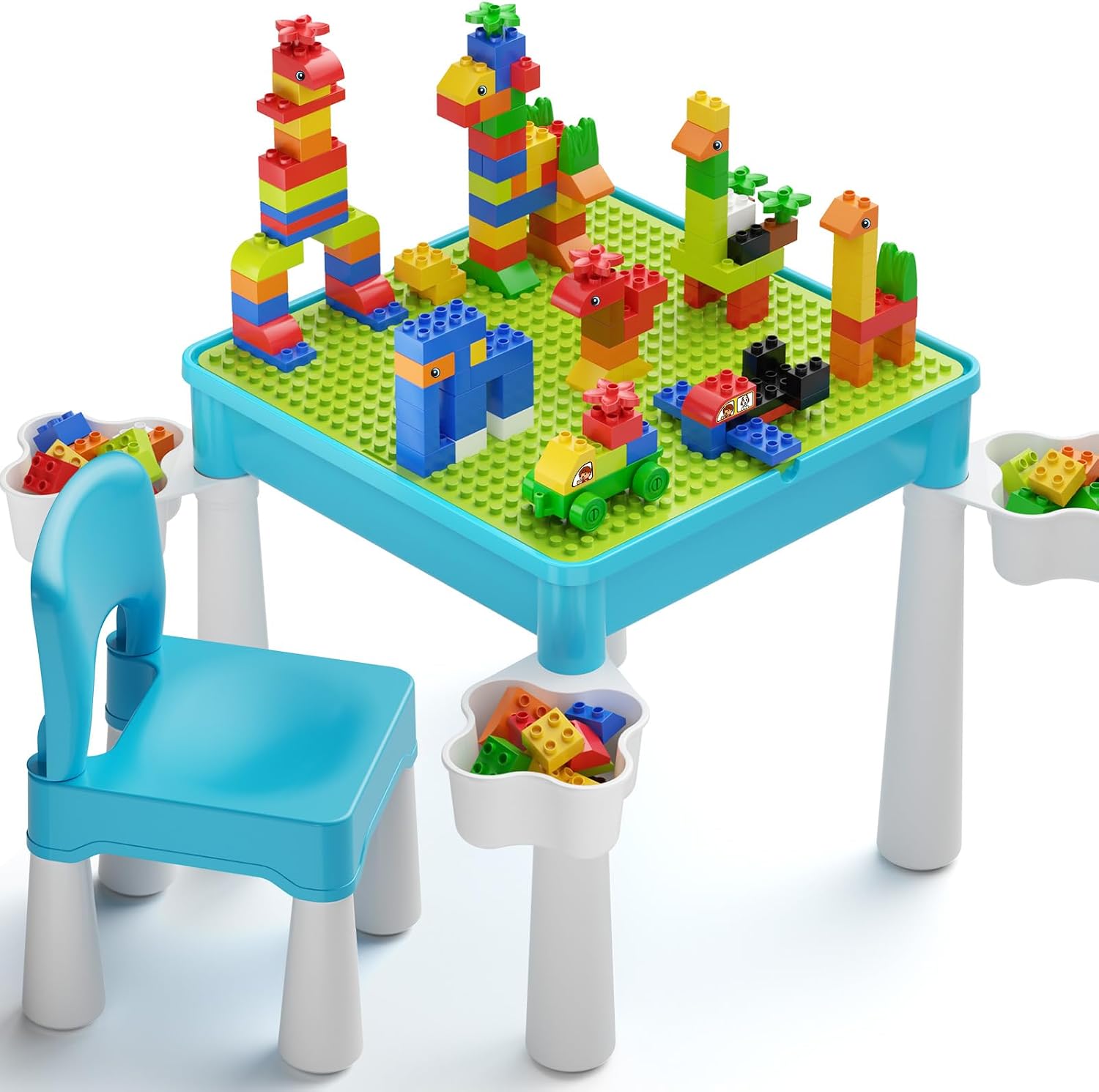 burgkidz Toddler Building Table Set: 1 Chair 128 Blocks Storage Box Blue