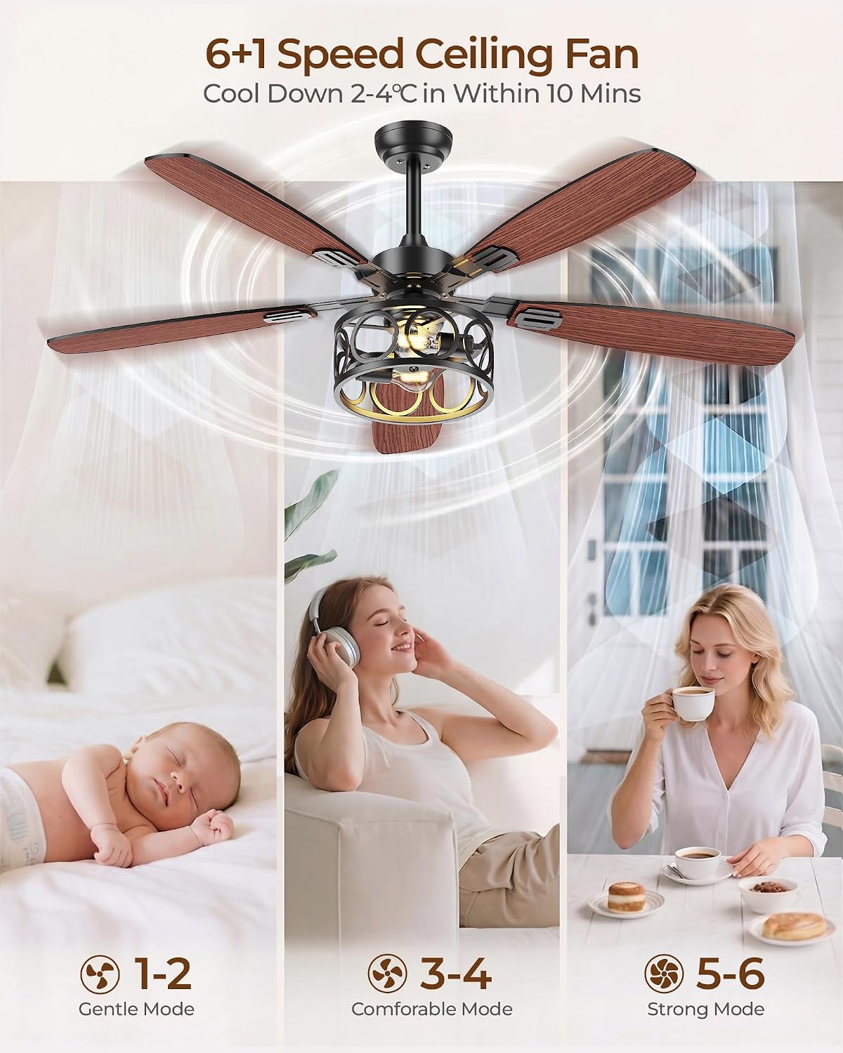 BLNAN 52 Inch Ceiling Fan with Lights and Remote, Caged Ceiling Fans Dual Finish 5 Blades, 6 Speeds + Natural Wind, Quiet <35dB, Flush Mount Ceiling Fan for Living Room, Kitchen and Porch