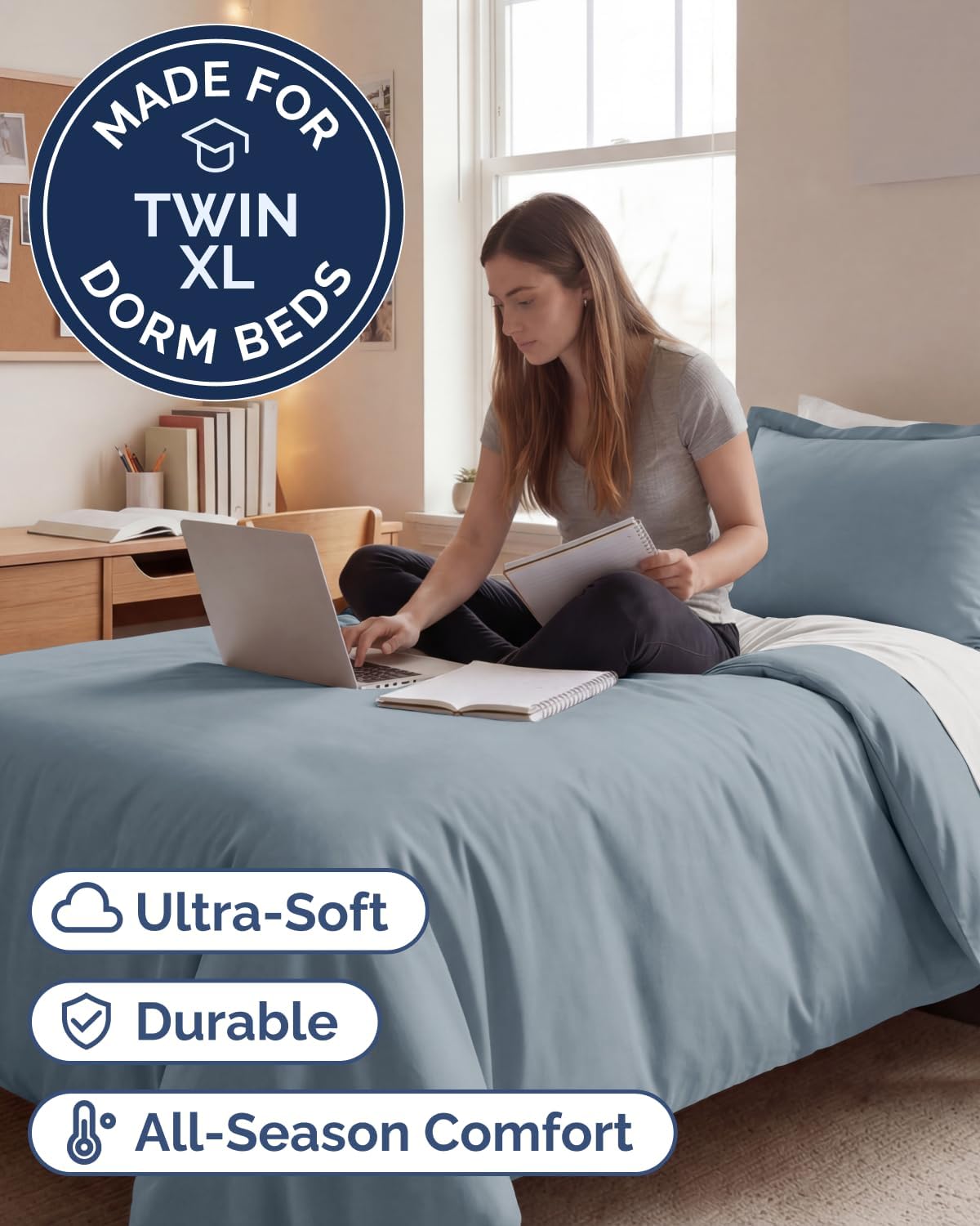 Duvet Cover Twin/Twin XL - 2 Piece Set, College Dorm Room - Steel Blue