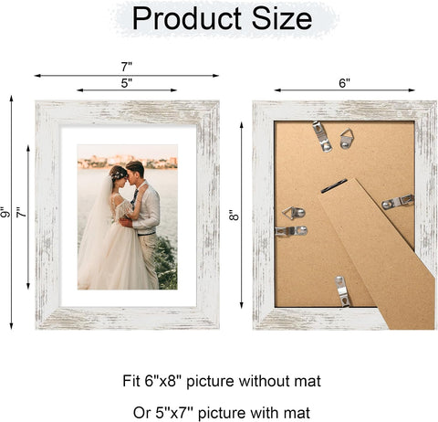 iRahmen 6x8 Picture Frame with HD Tempered Glass, Display Pictures 5x7 with Mat or 6 x 8 Without Mat, Wood Photo Frames for Tabletop and Wall Mount (Rustic White, 1 Pack)