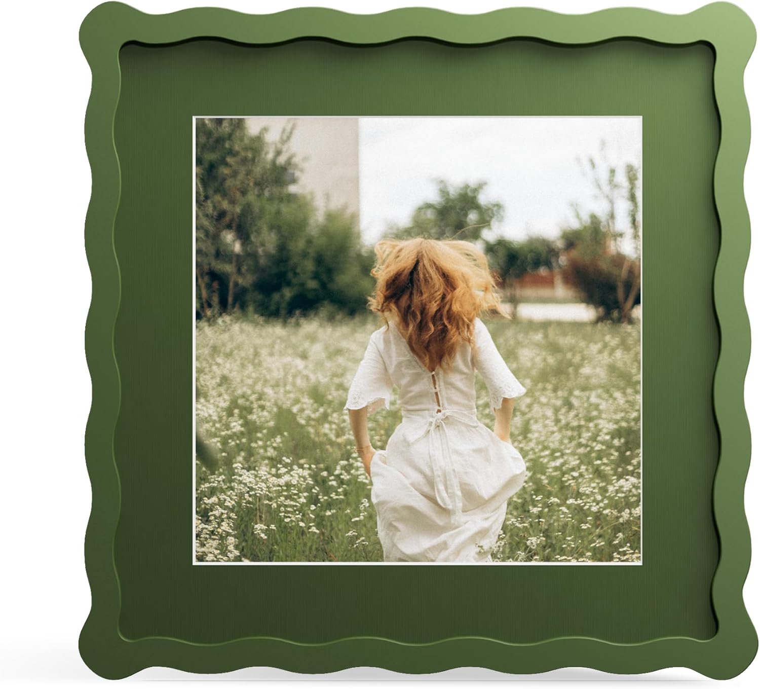 10x10 Picture Frame with Mat for 8x8, Wavy Edge Wooden Real Glass Photo Frame for Tabletop and Wall Hanging, Green, 1 Pack