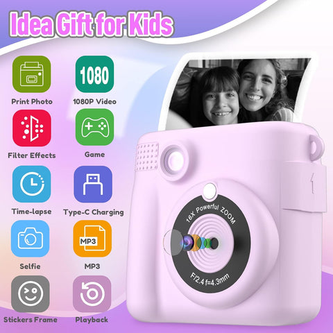 ESOXOFFORE Instant Print Camera for Kids, Christmas Birthday Gifts for Girls Boys Age 3-12,Kids Digital Cameras for Toddler, Portable Toy for 3 4 5 6 7 8 9 10 Year Old Girl -Purple