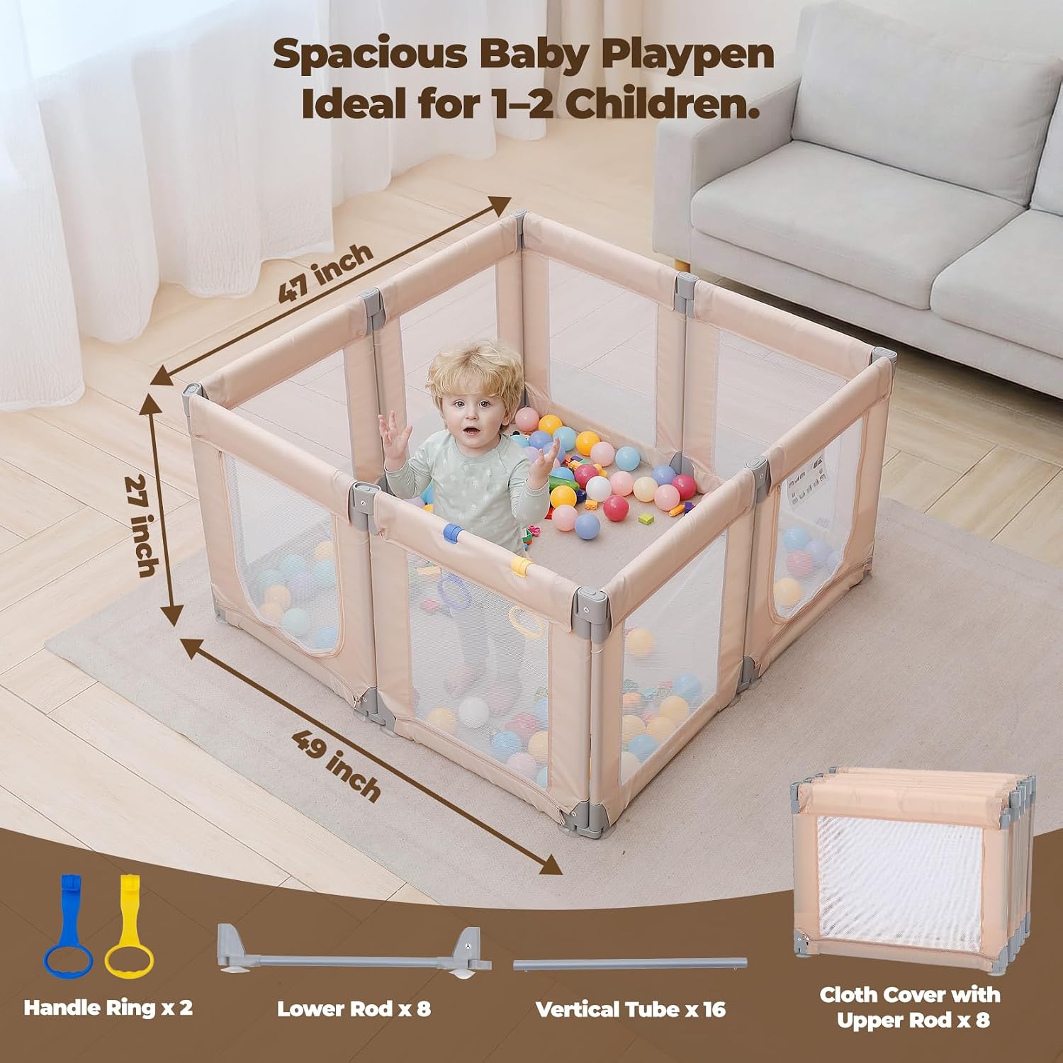 Kidirect Foldable Baby Playpen, 47"×49", Khaki