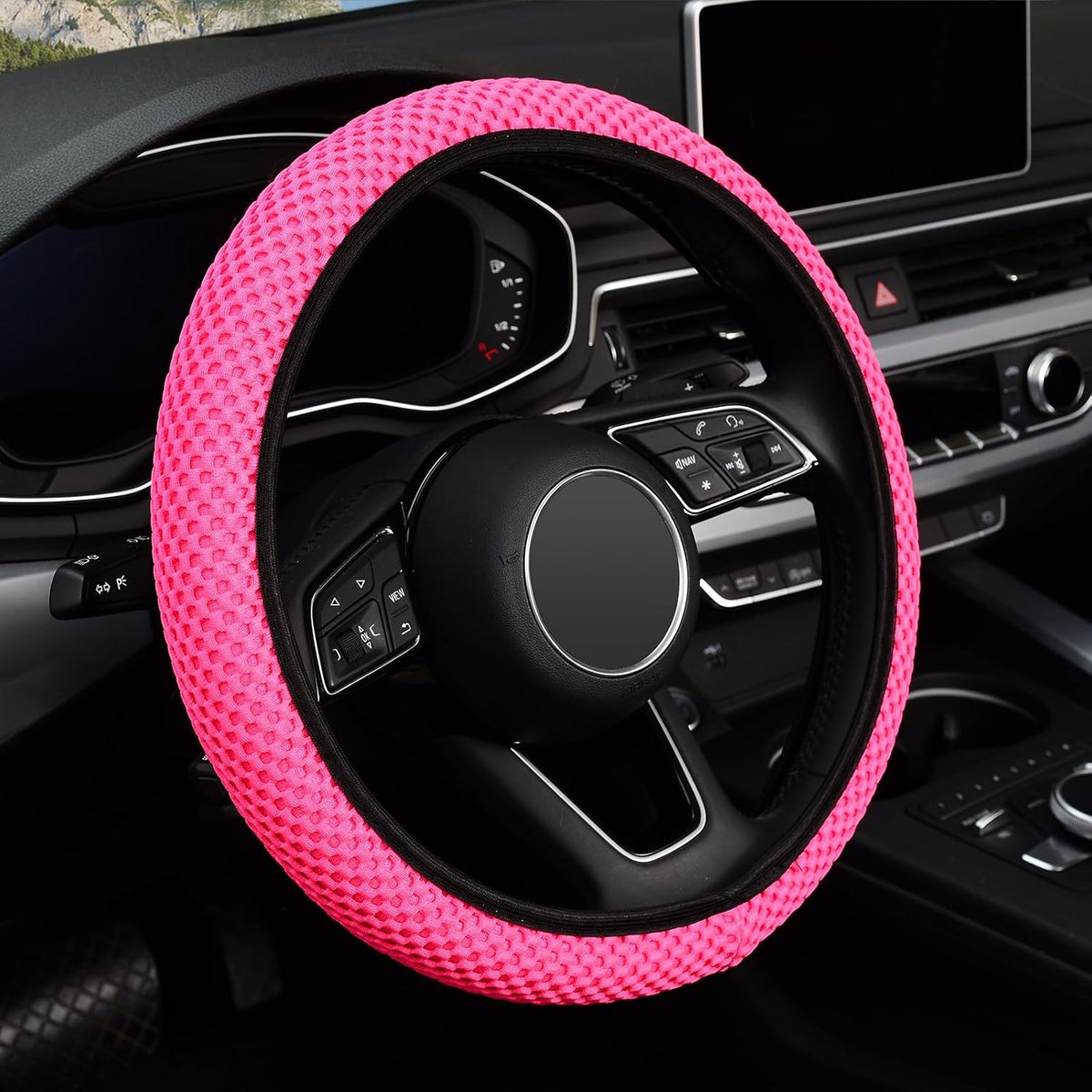 KAFEEK Elastic Stretch Steering Wheel Cover, Universal 15 Inch, Rose Red