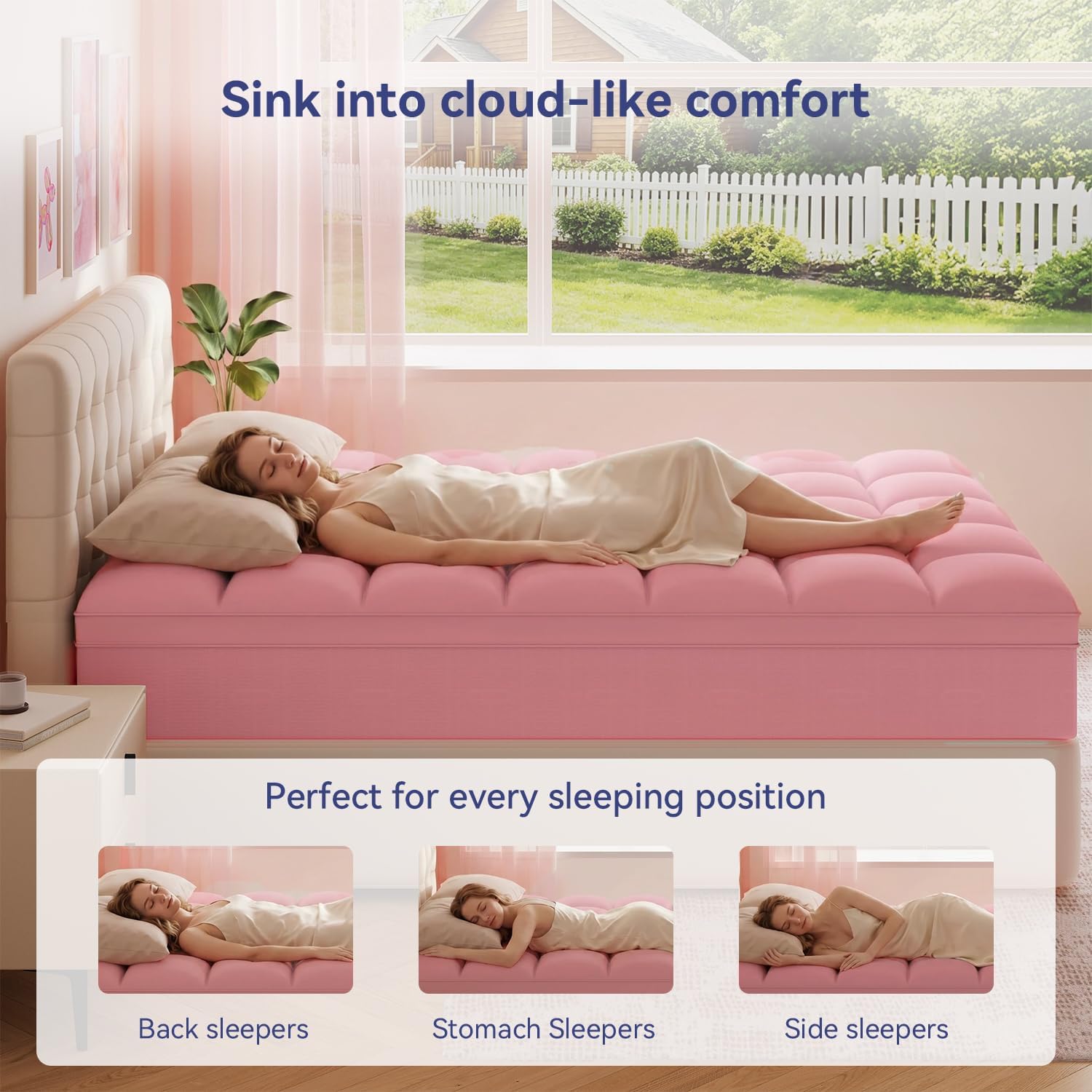 ELEMUSE Full Pink Mattress Topper, Thick Pillow Top Bed Topper Mattress Pad