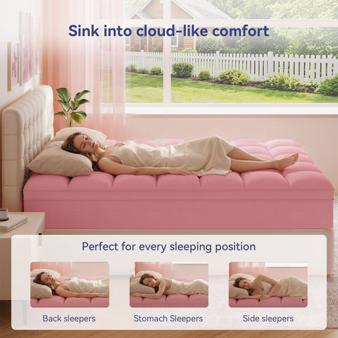 ELEMUSE Full Pink Mattress Topper, Thick Pillow Top Bed Topper Mattress Pad