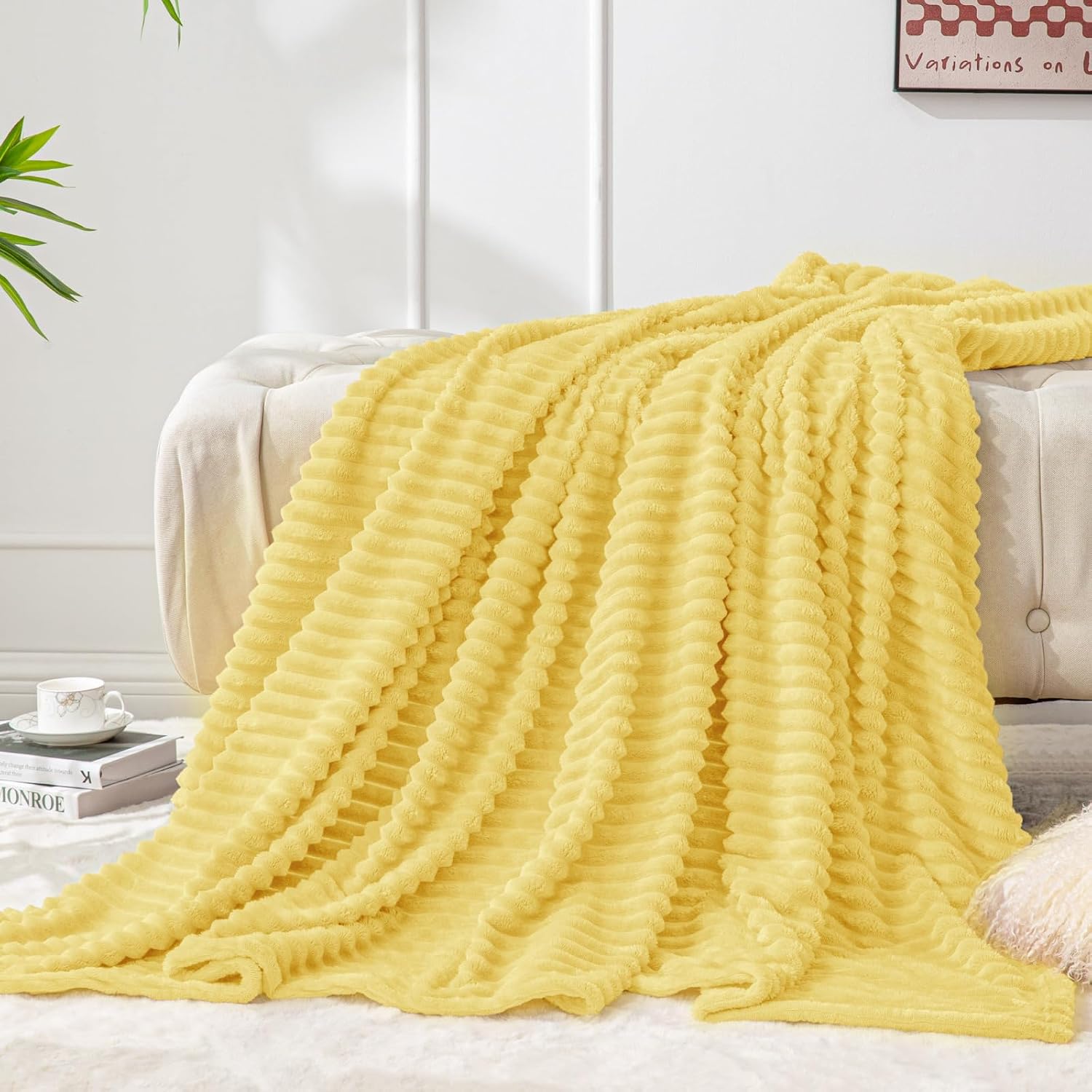 BEDELITE 3D Ribbed Light Yellow Fleece Twin Blanket for Couch, 60x80 Inch