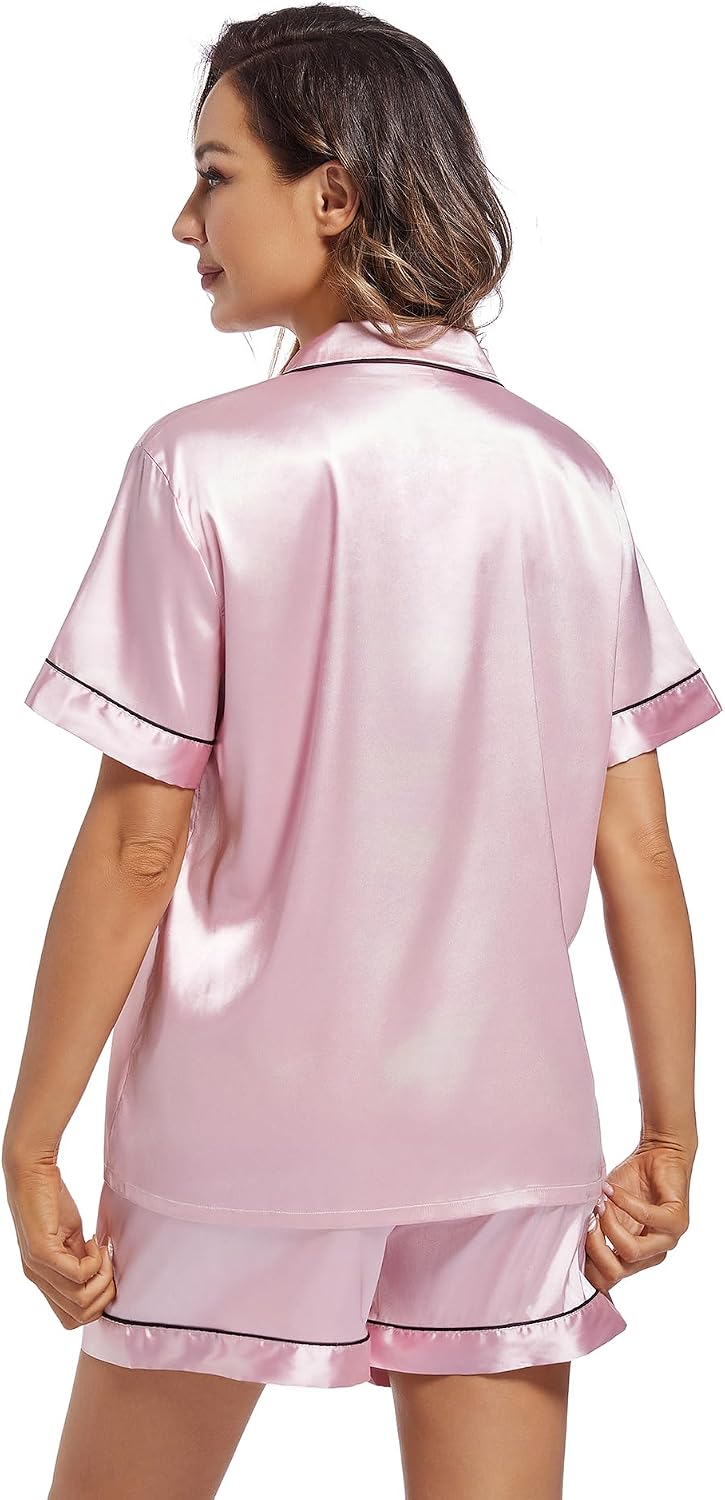 Fivali Women Silk Satin Pajamas Set: 2 Piece Soft Short Sleeve Sleepwear