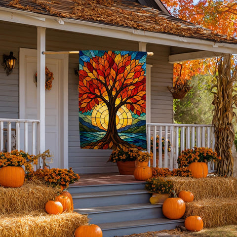 Fall Stained Glass Tree of Life House Flag 28x40 Sunset Leaves Yard Decor