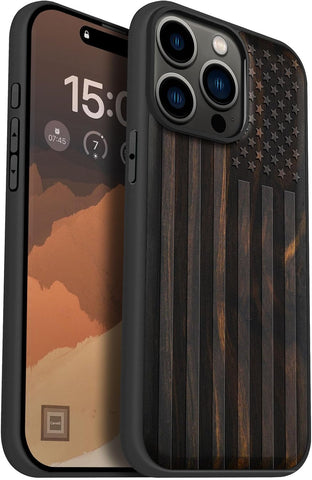 Carveit Wood Case for iPhone 15 Pro Max, The Classic American Flag, Black