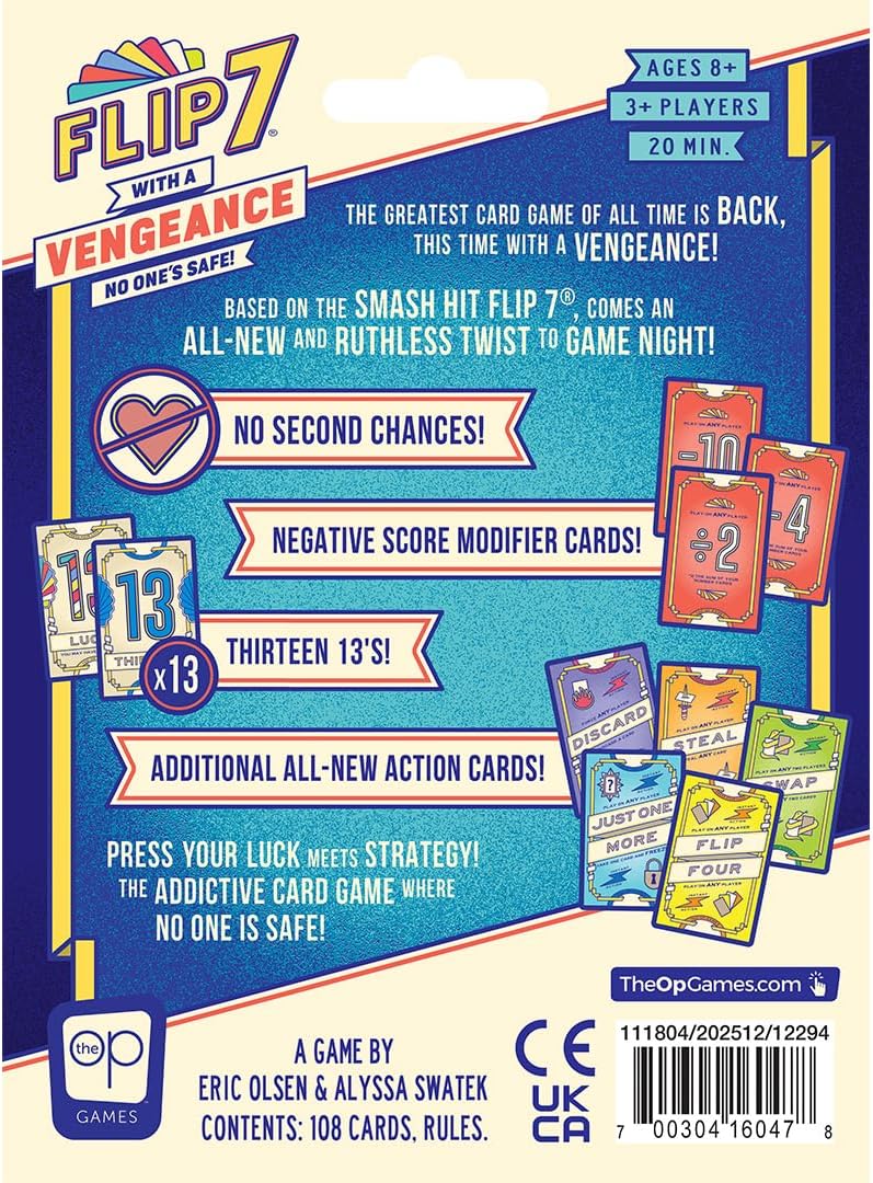 Flip 7: with a Vengeance, Addictive Press Your Luck Game, New Special Action Cards & Negative Modifiers, Sequel to the Classic Fast-Paced, Easy to Teach Card Game: Flip 7, from The Op Games, Ages 8+