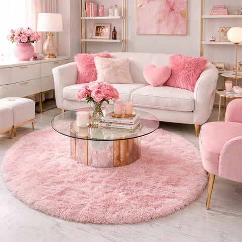 Amdrebio Pink Big Fuzzy Furry Circle Rug 8Ft for Living Room Girls Bedroom