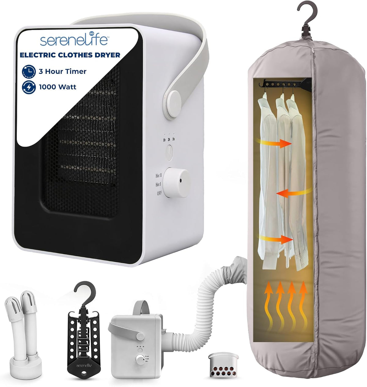 SereneLife Electric Portable Clothes Dryer | 1000W Multi-Use Mini Heater & Aroma Diffuser for Home, Apartment, Dorm, Travel & RV Camping | Suitable for Drying Clothes, Dresses, Shoes, Hats & Gloves