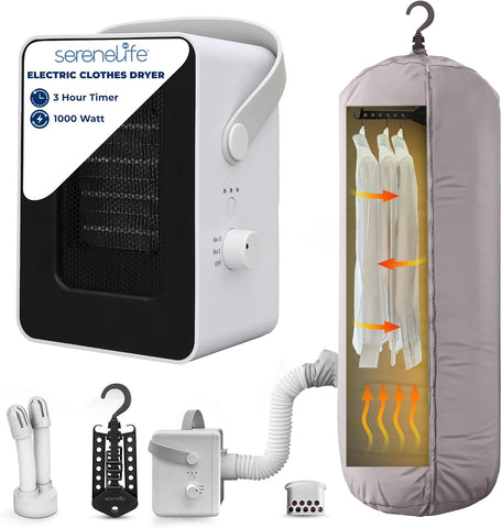 SereneLife Electric Portable Clothes Dryer | 1000W Multi-Use Mini Heater & Aroma Diffuser for Home, Apartment, Dorm, Travel & RV Camping | Suitable for Drying Clothes, Dresses, Shoes, Hats & Gloves