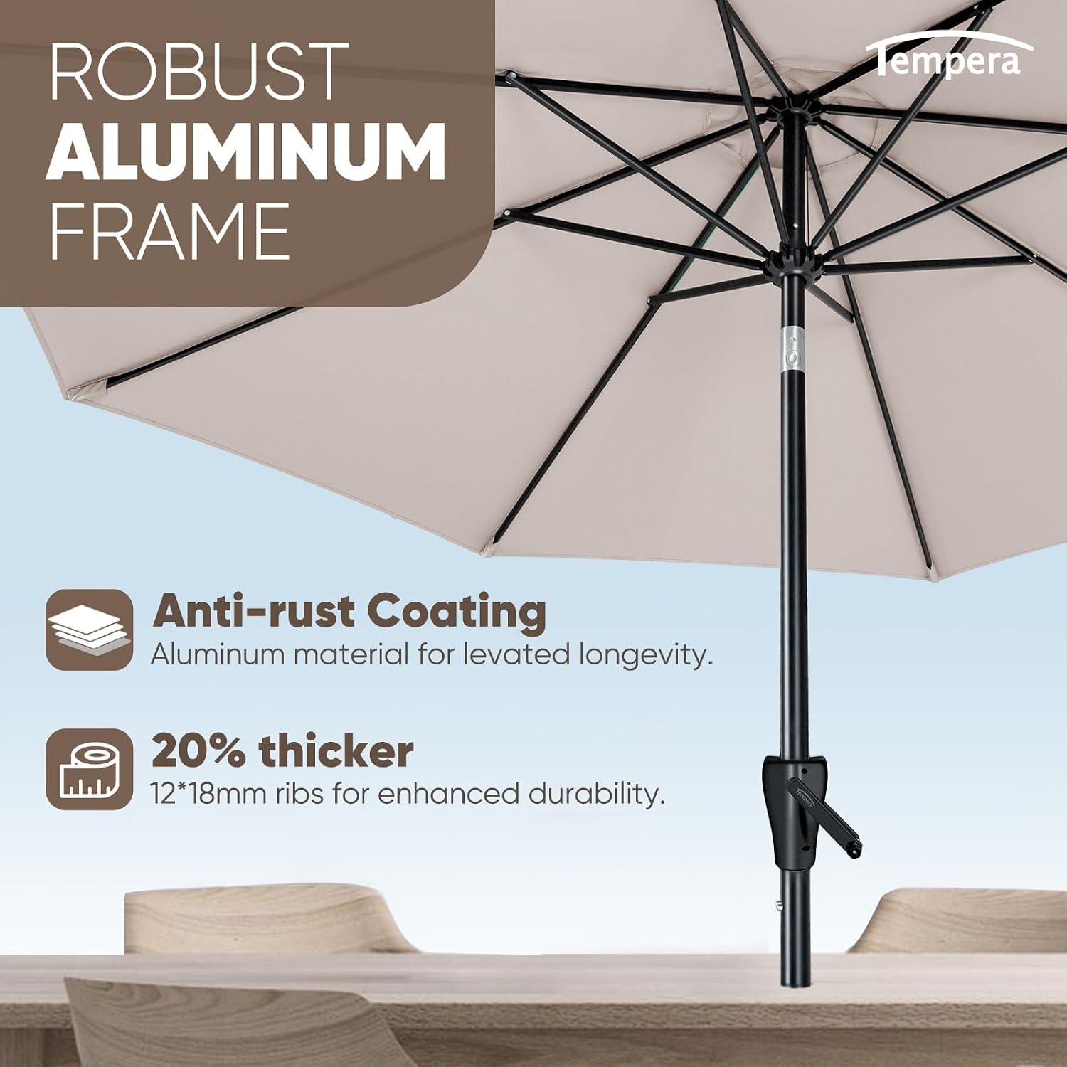 Tempera Patio Market Outdoor Table Umbrella with Push Button Tilt and Crank, Large Sun Umbrella with Sturdy Pole & Fade Resistant Canopy, Easy to Set